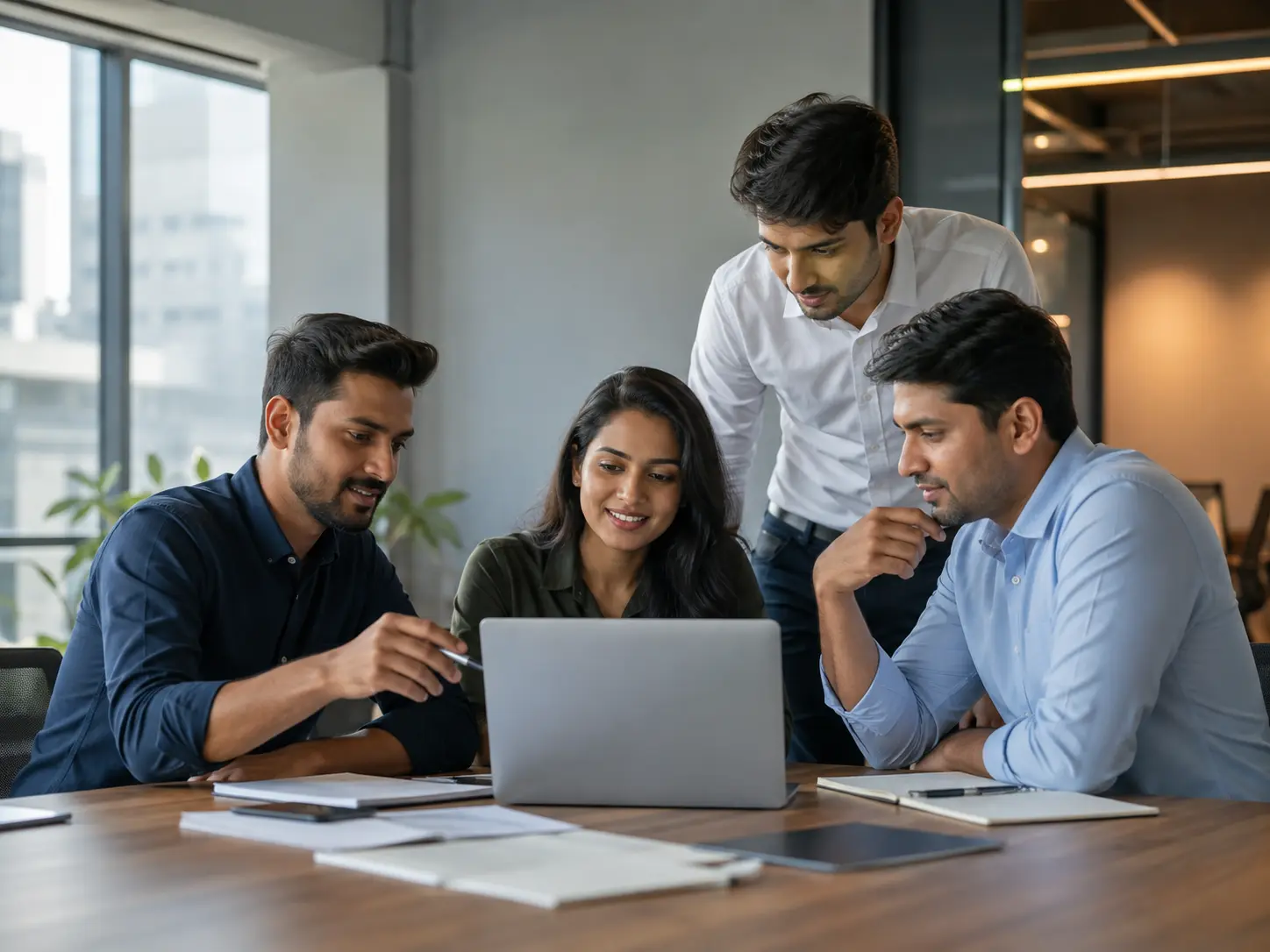 Business professionals discussing a website and digital growth plan in a modern workspace.