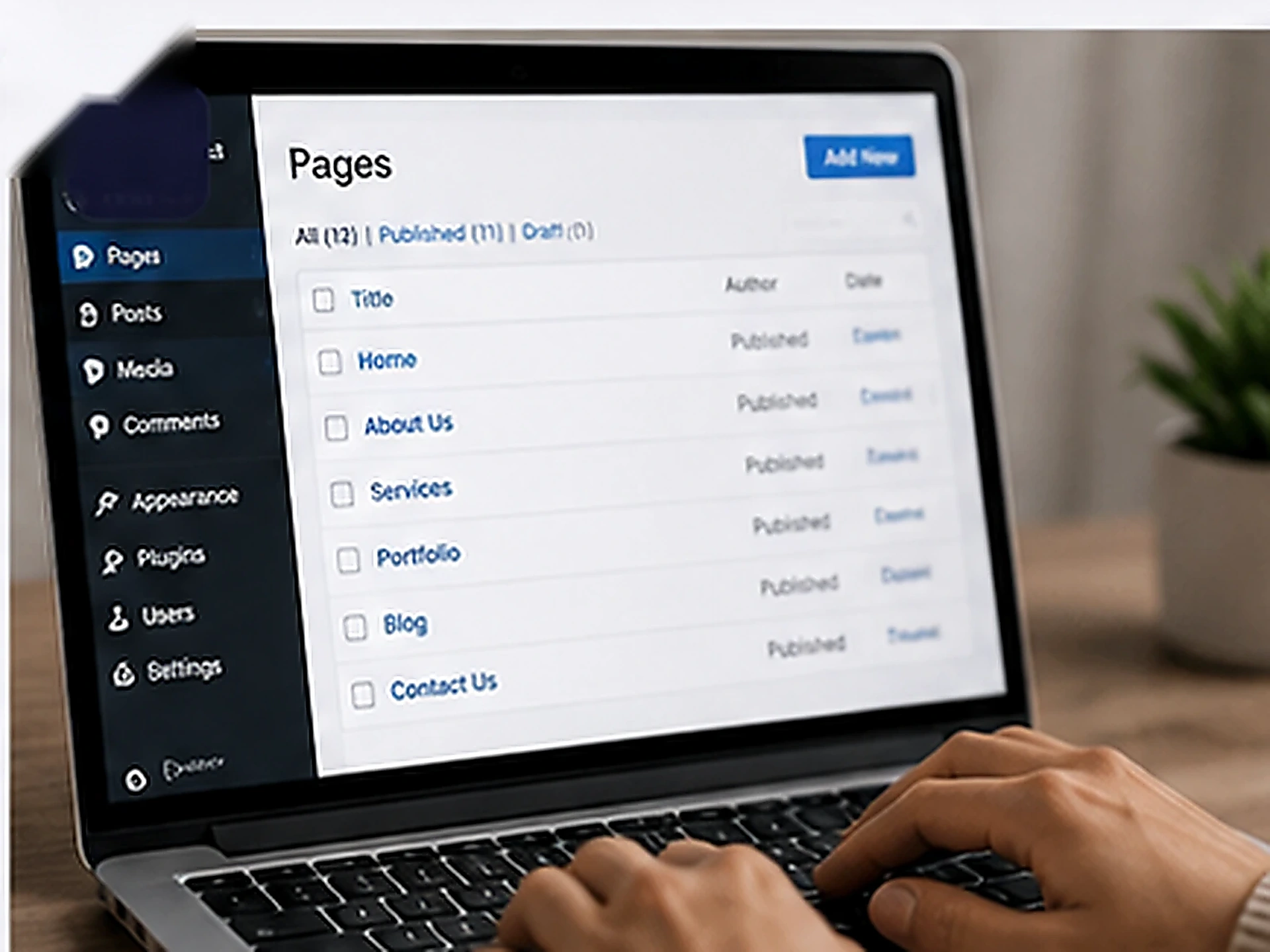 Website content management dashboard displayed on a laptop.