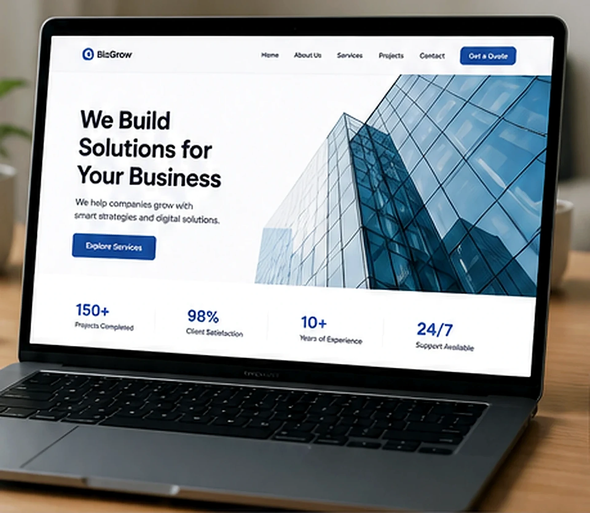 Professional business website displayed on a laptop in a modern office workspace.