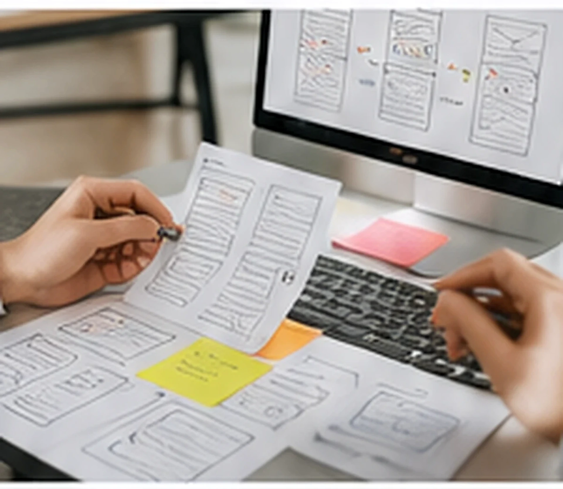 Website planning and wireframing process on a desk with design sketches and a computer.