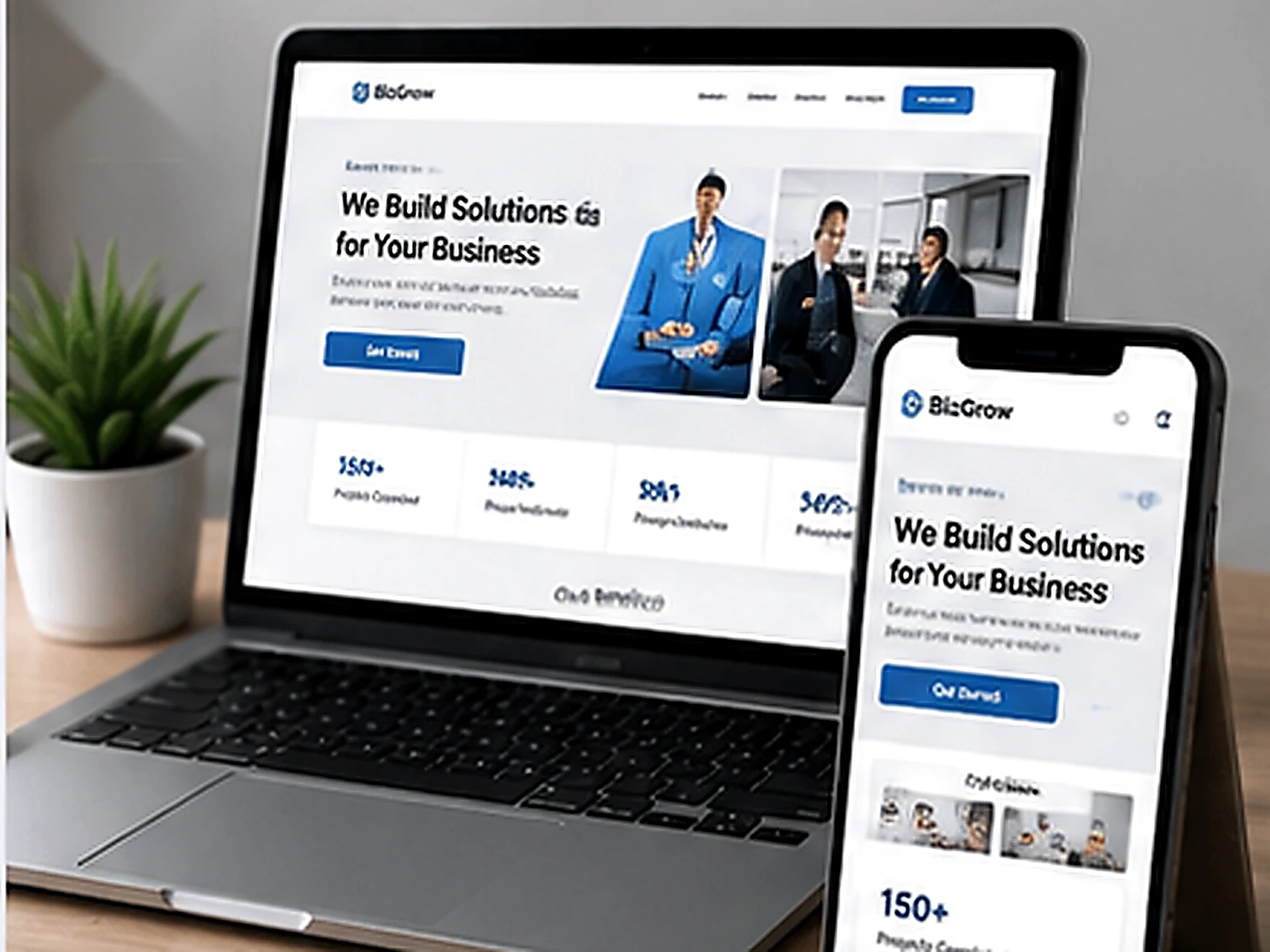 Responsive business website displayed on mobile and desktop devices.