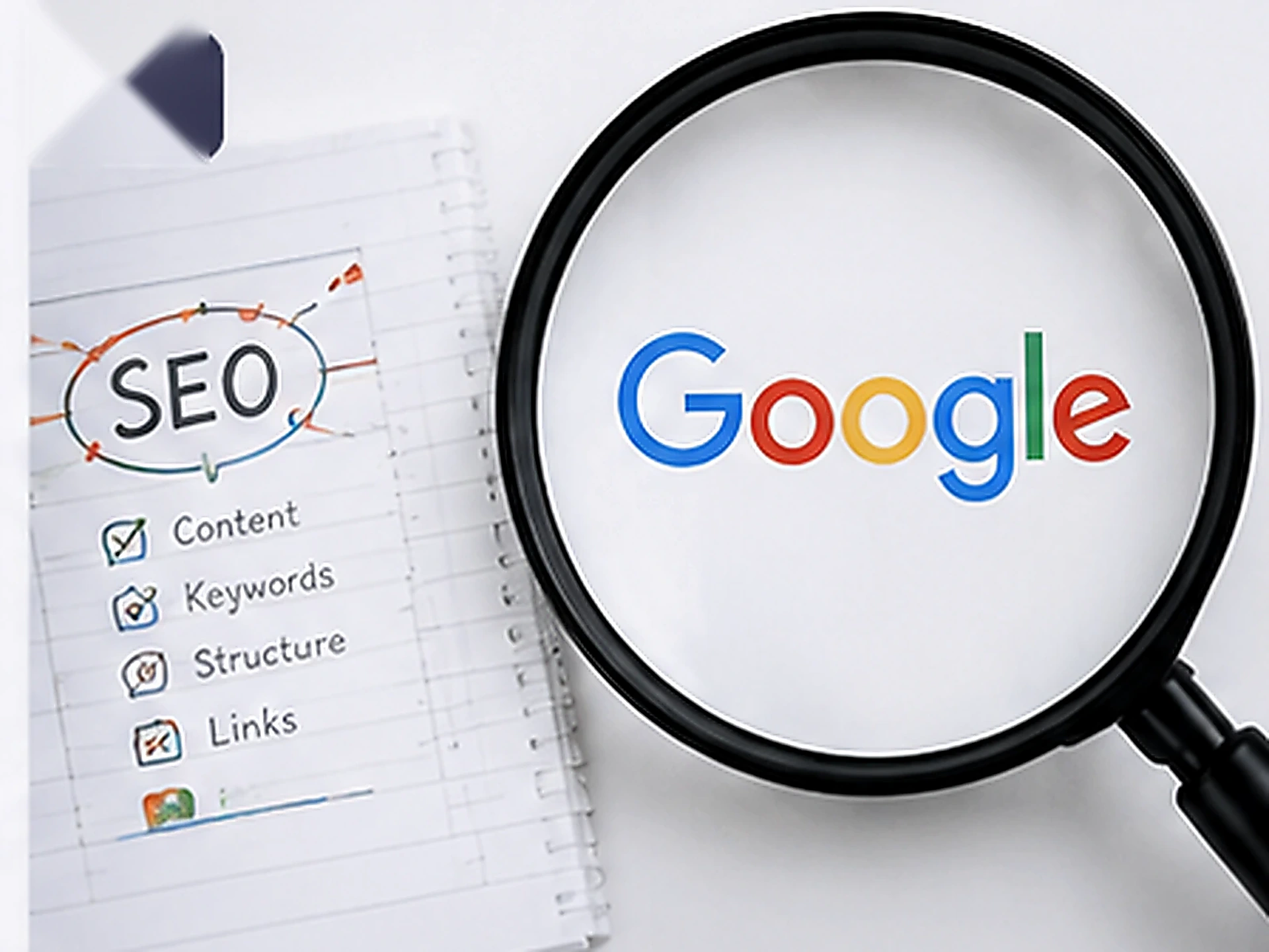 Business website SEO planning shown on a laptop with search optimization graphics.