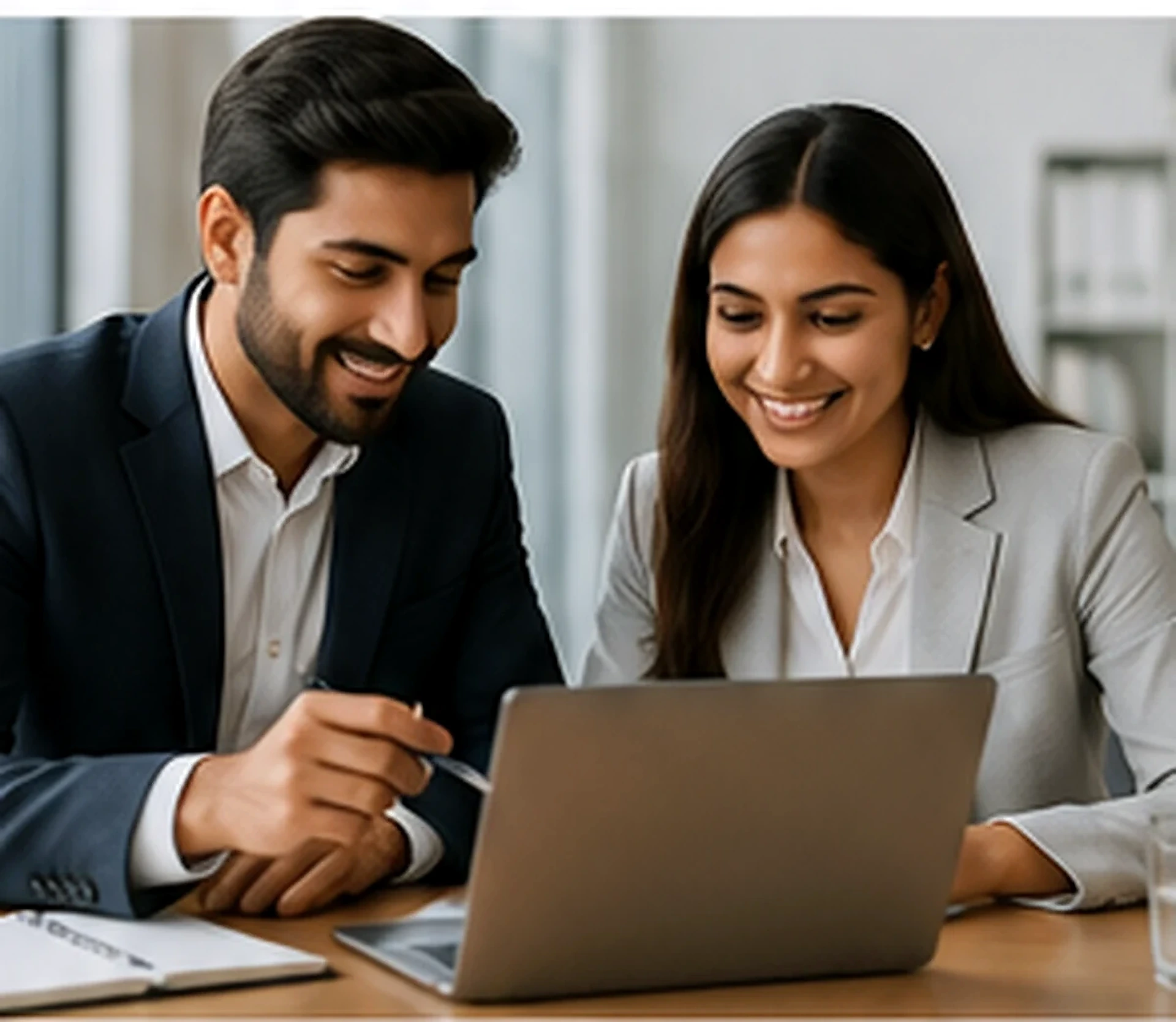 Business professionals reviewing their company website together in an office.