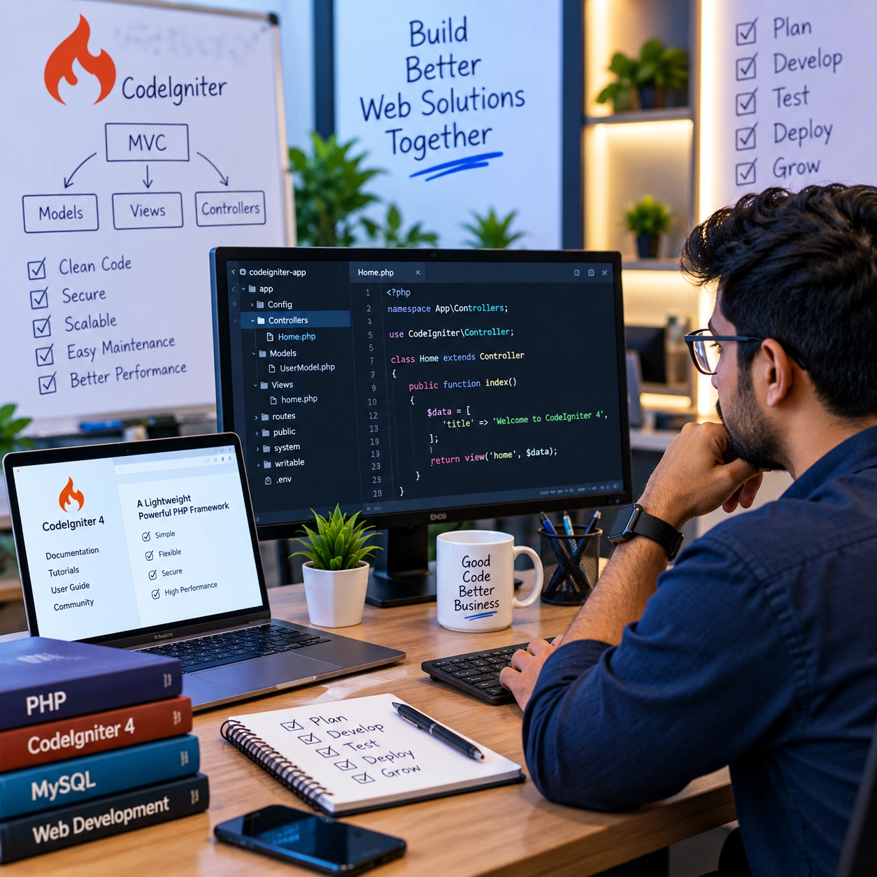 Developer working on a structured CodeIgniter PHP application with controllers, models and database workflows.
