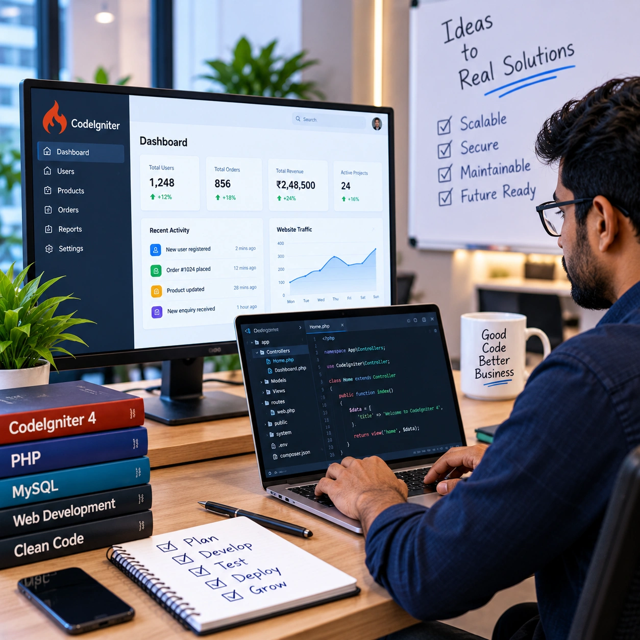 Developer building a custom CodeIgniter business web application with dashboards, database workflows and backend logic.