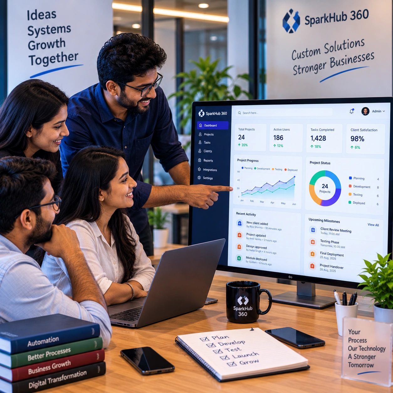 Business team reviewing a finished custom web application with dashboard, workflow and reporting modules before launch.