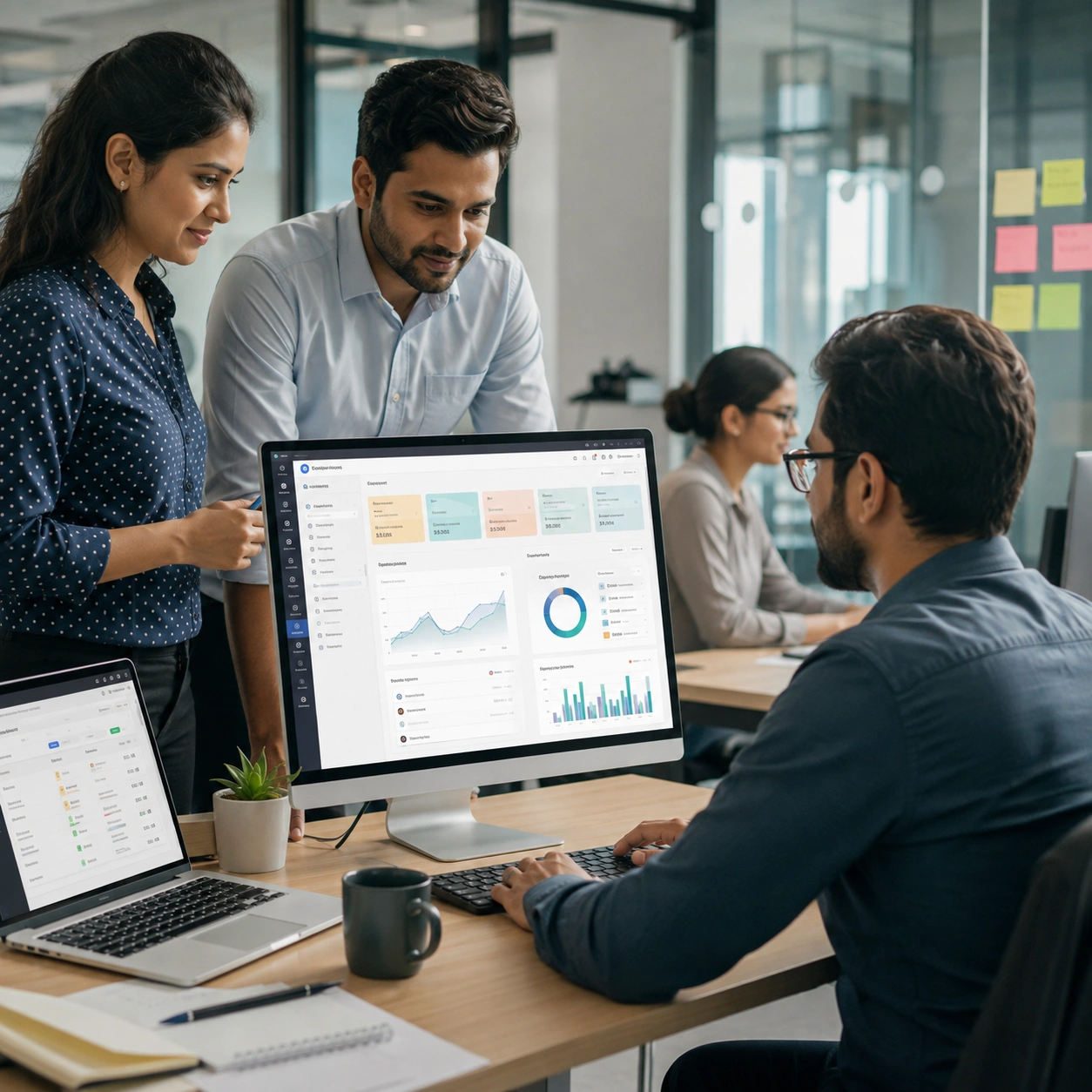 Business team using a custom web application to manage workflow, customer data and operations from one system.