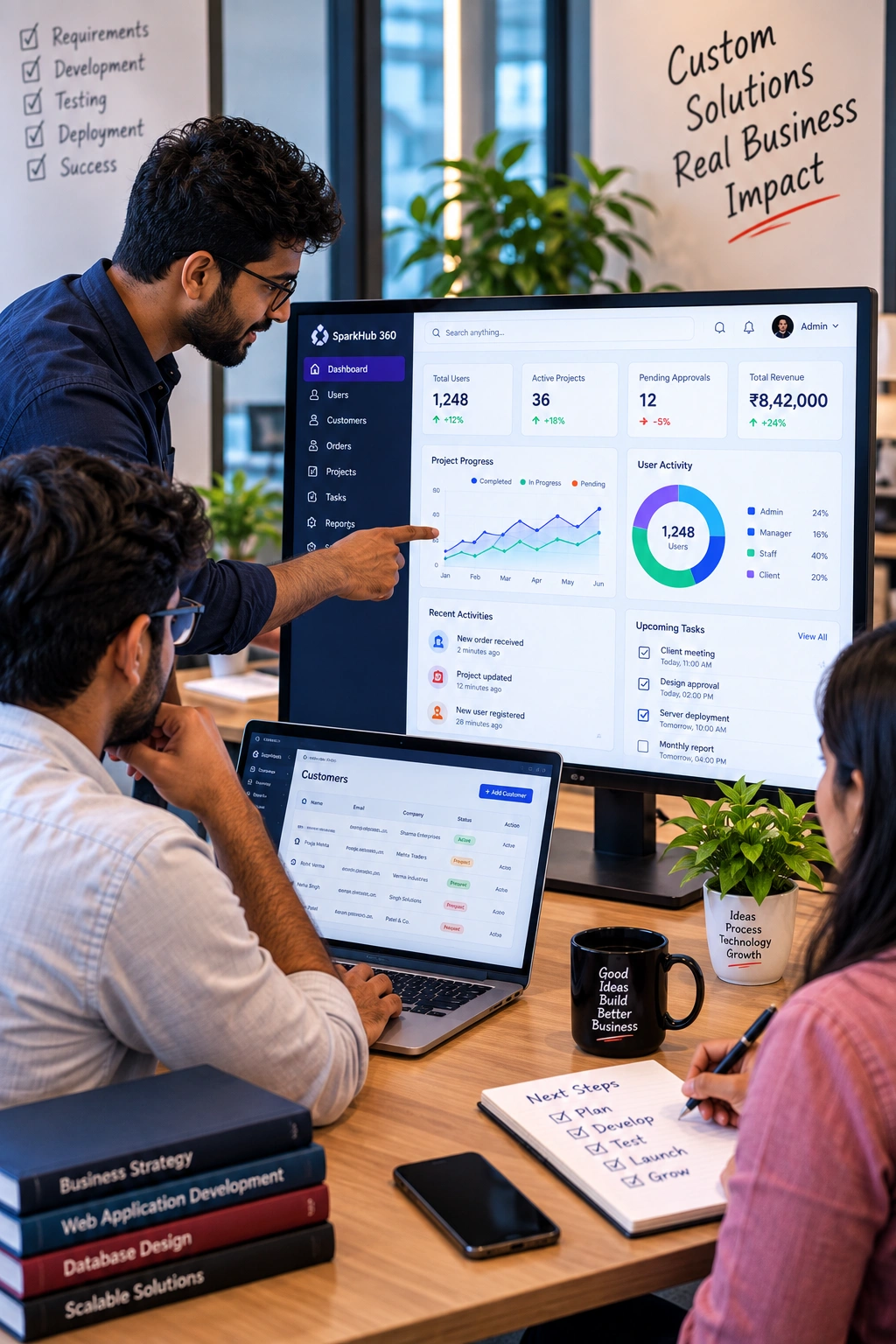 Business team using a custom operations dashboard to manage users, tasks, records and workflows.