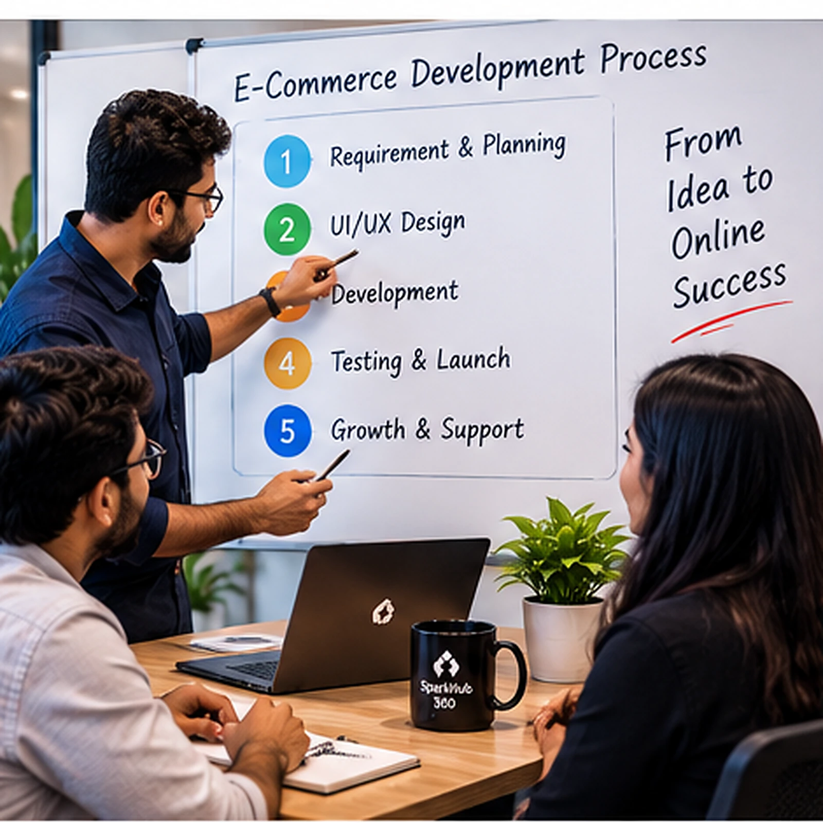 E-commerce development team planning product catalogue, checkout, payment and order fulfilment workflow before launch.