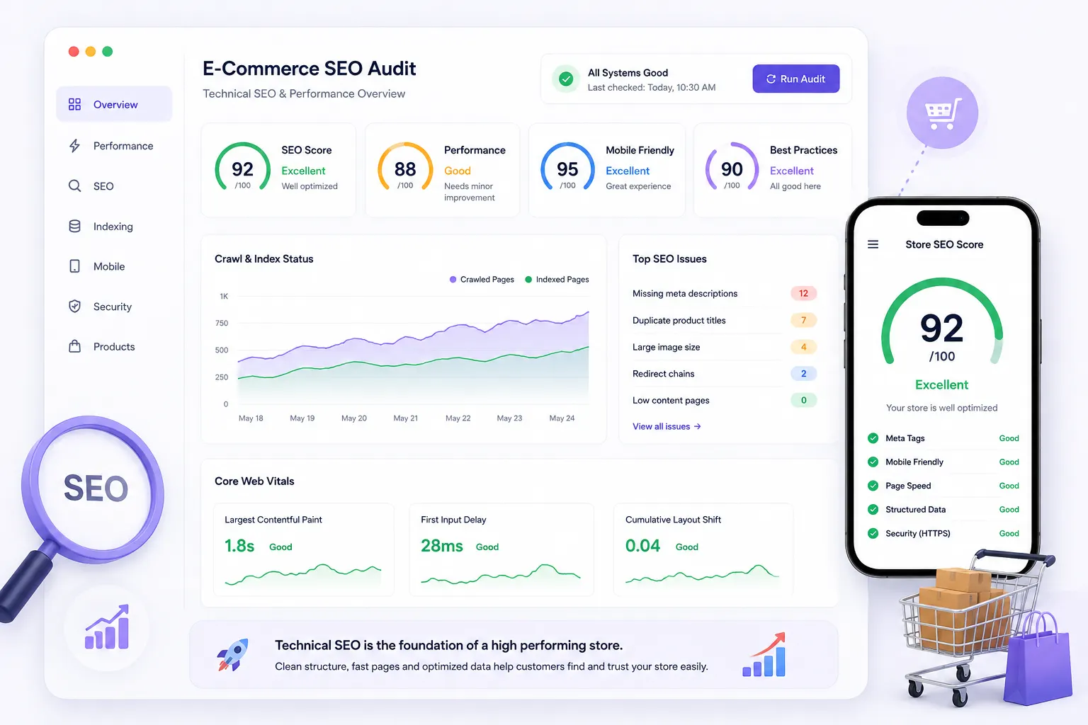 E-commerce product page performance and SEO review on a laptop screen.