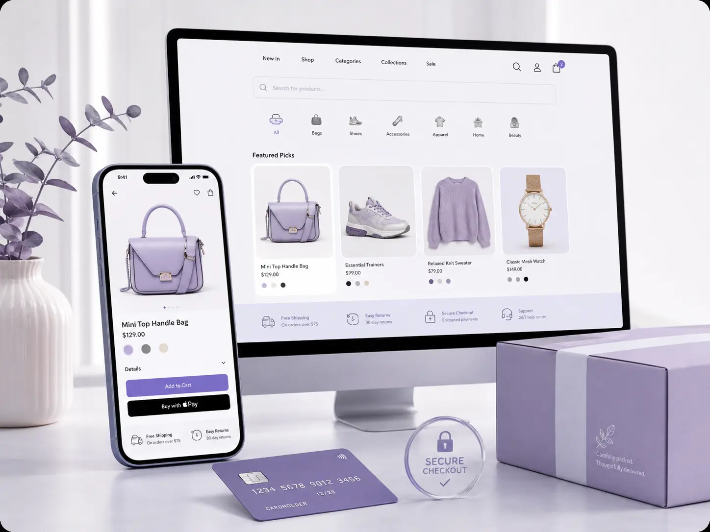 E-commerce shopping journey shown across desktop and mobile screens with product browsing, cart, checkout and order tracking.