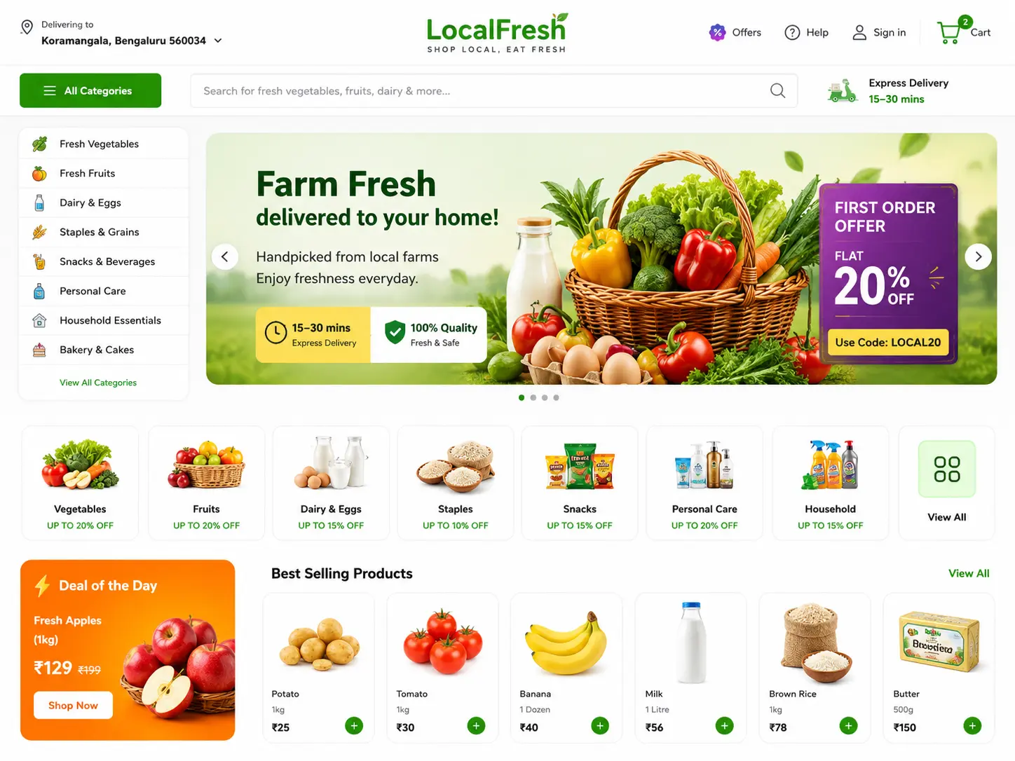 Sample local commerce storefront with delivery serviceability and regional shopping categories.