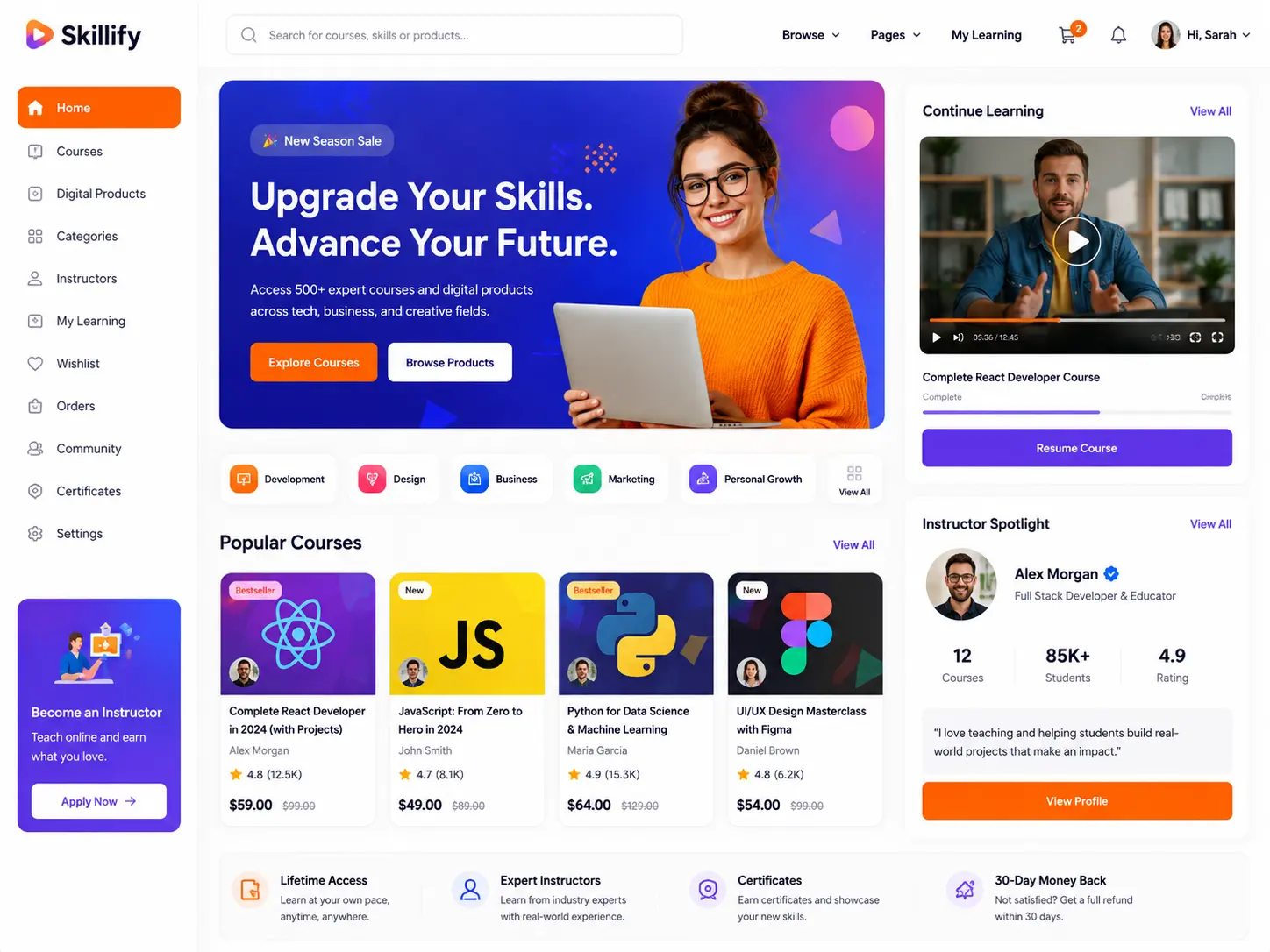 Sample digital course storefront showing course discovery, purchase and access-oriented content.