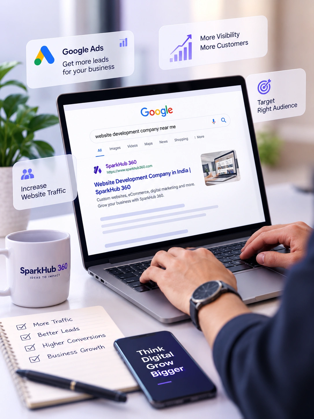 Marketing professional comparing high-intent search terms, ad variations and landing-page performance during campaign planning.