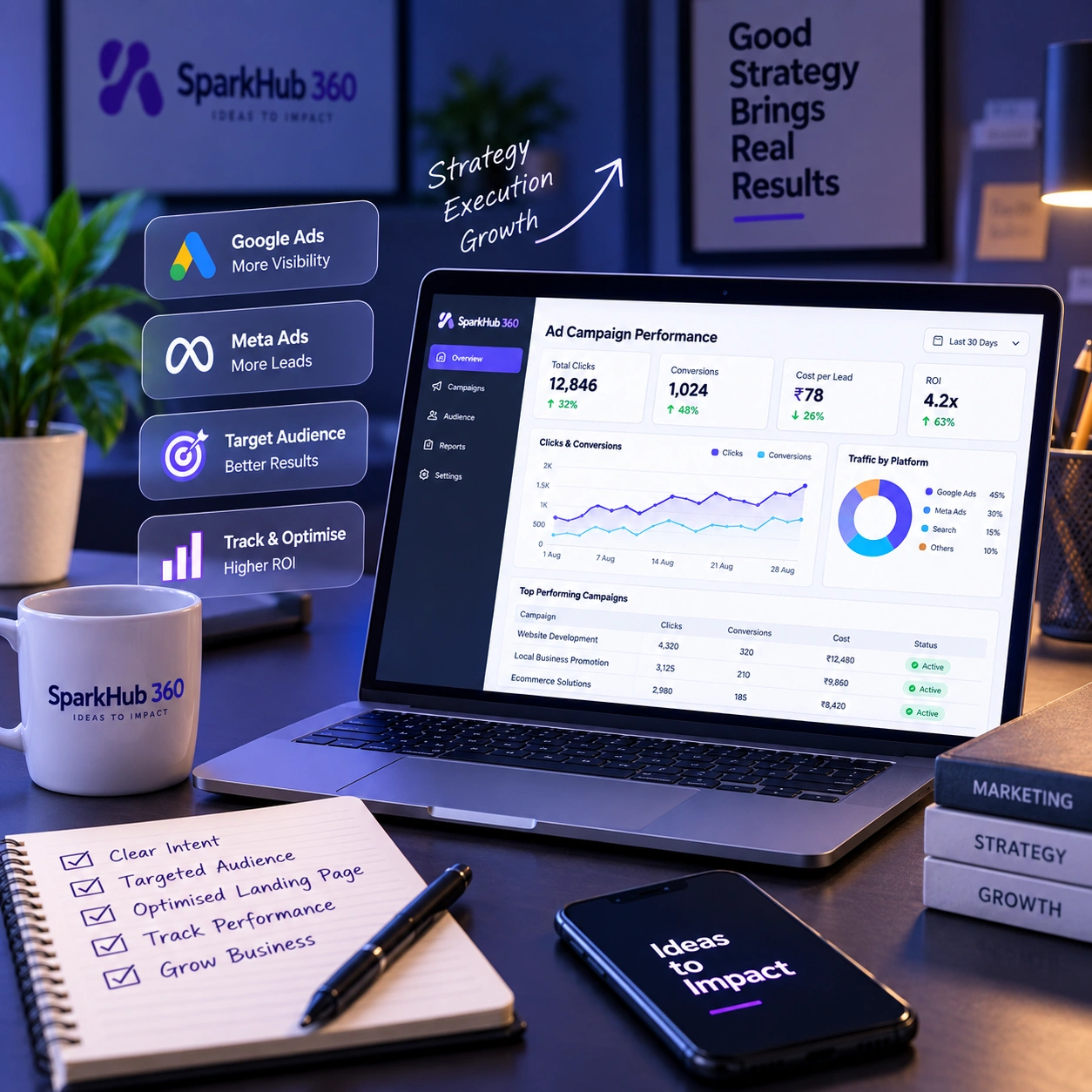 Business owner and digital marketing specialist reviewing Google Ads conversions, enquiries and campaign budget performance.