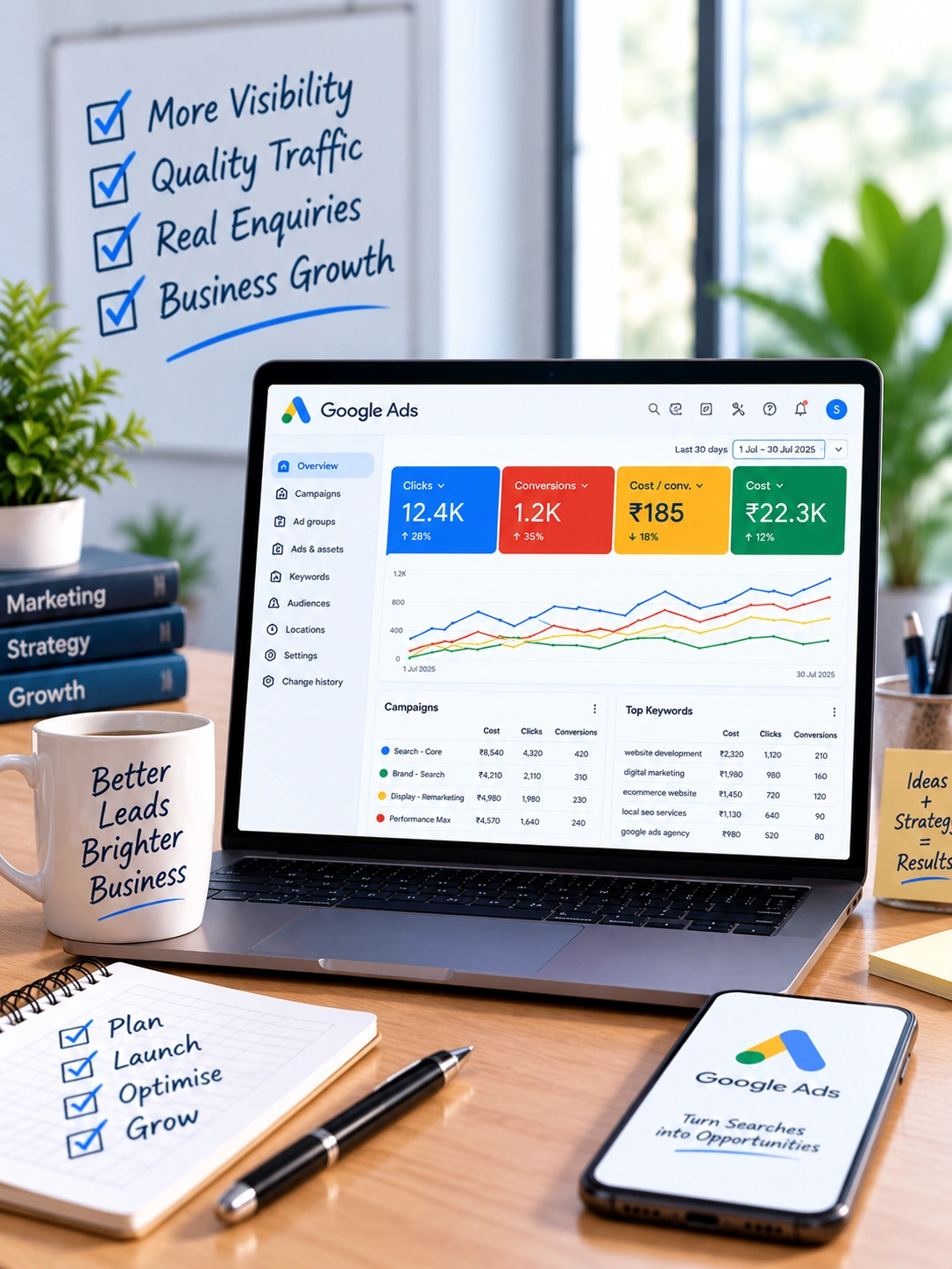 Digital marketing specialist reviewing Google Ads campaign performance, keywords, budget and conversion data on a desktop screen.