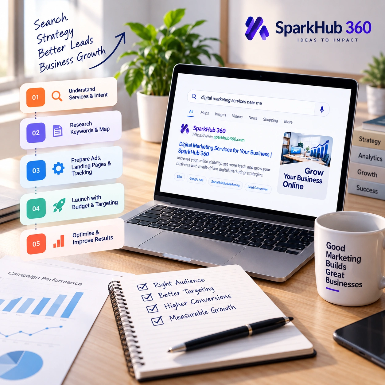 Digital marketing team planning and managing a Google Ads workflow from business review and keyword research to launch and optimisation.