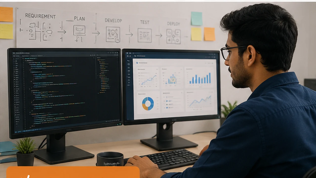 Software developer working with application code and business analytics dashboards.