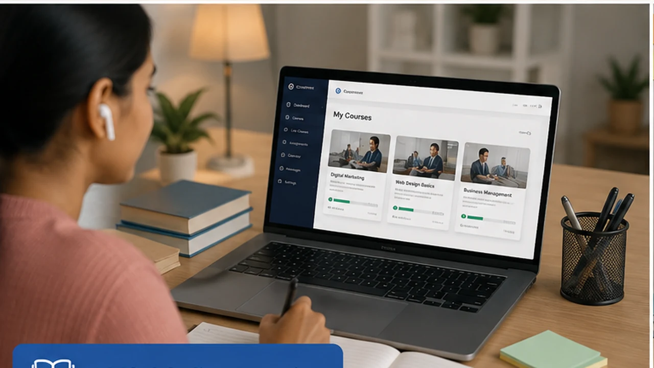Learner using an online course and learning management system on a laptop.