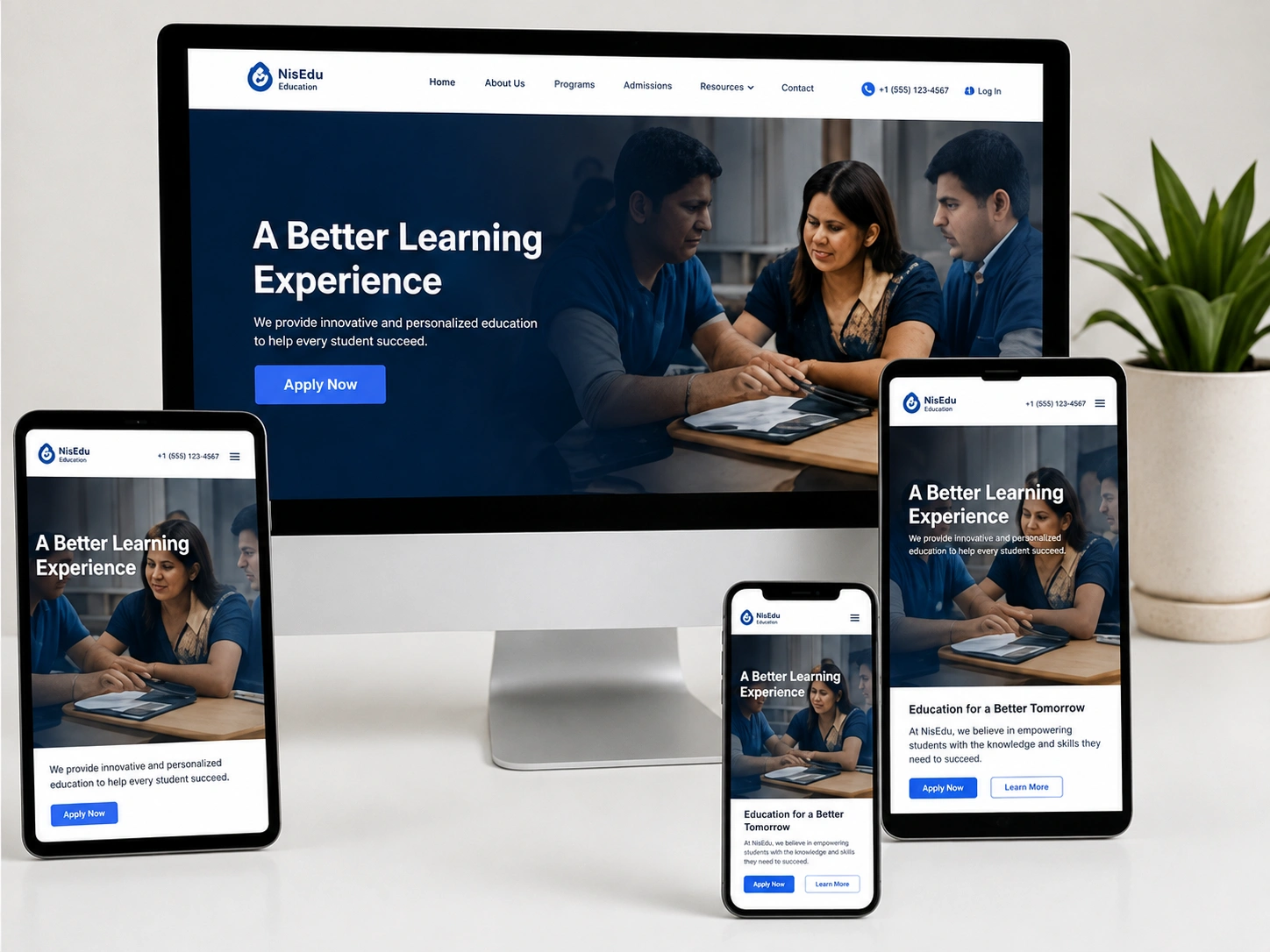 Responsive institute website represented across laptop and smartphone interfaces.