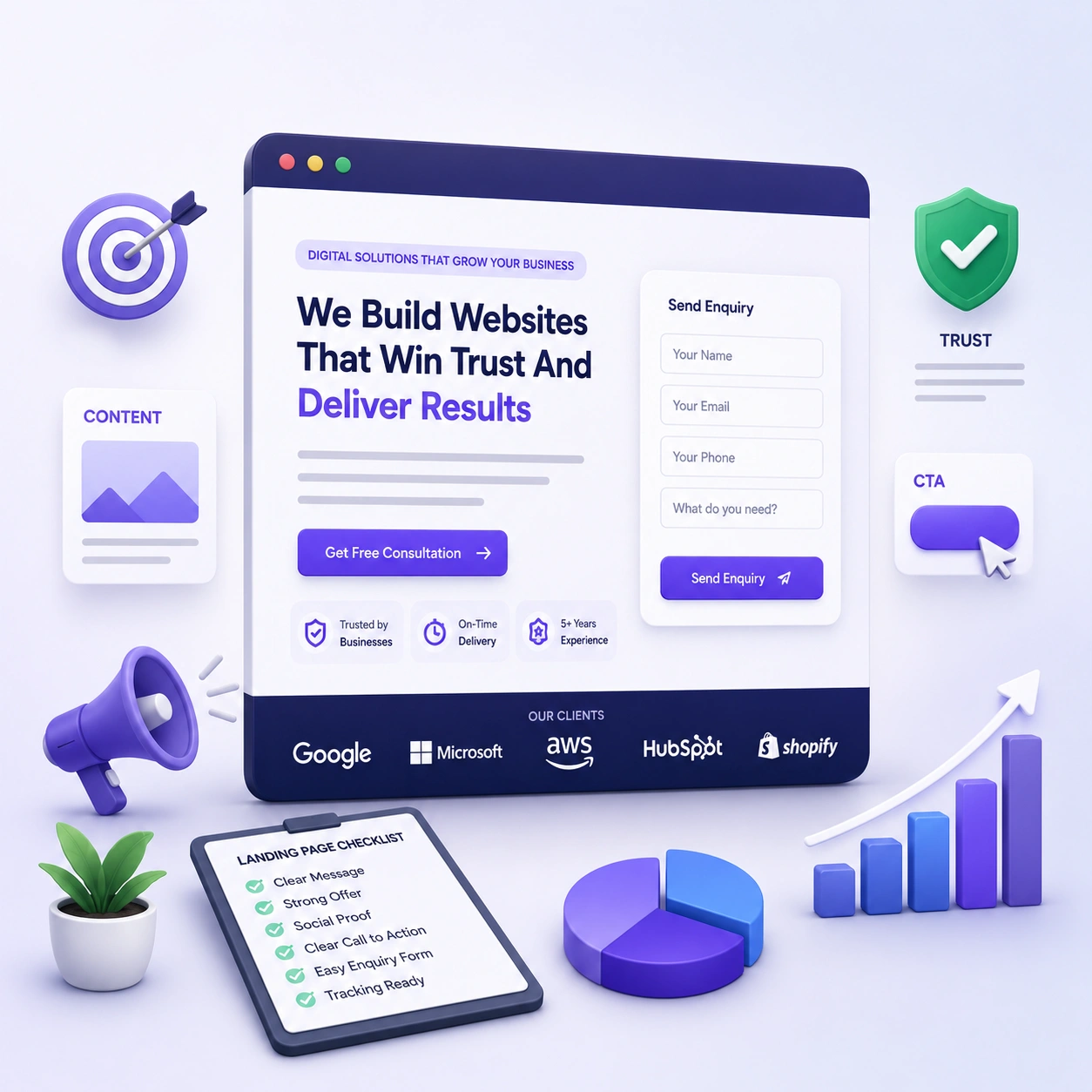 Landing page anatomy showing headline, call-to-action, trust proof, mobile layout, enquiry form and campaign tracking structure.