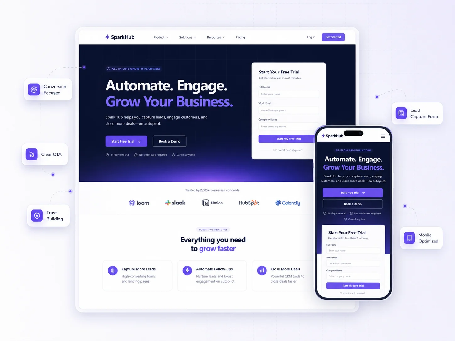 Conversion-focused landing page shown on desktop and mobile with a clear headline, offer and enquiry action.