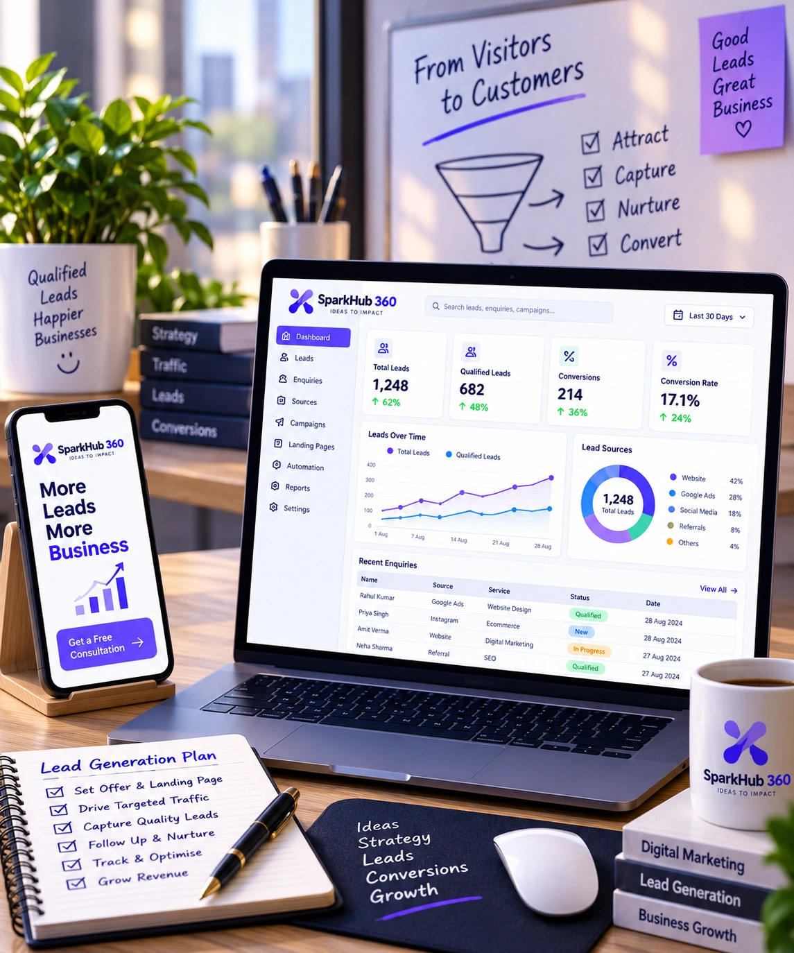 Digital marketing team reviewing a lead-generation funnel with landing page, enquiries, calls, WhatsApp and lead source tracking.