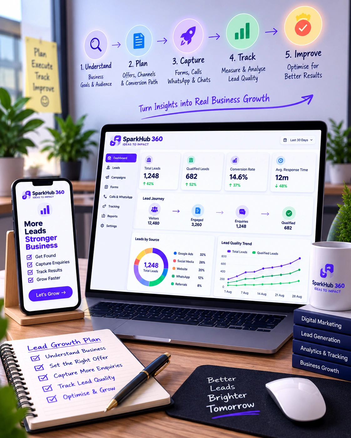 Digital marketing team managing a lead-generation workflow from business review and channel strategy to landing pages, tracking and optimisation.