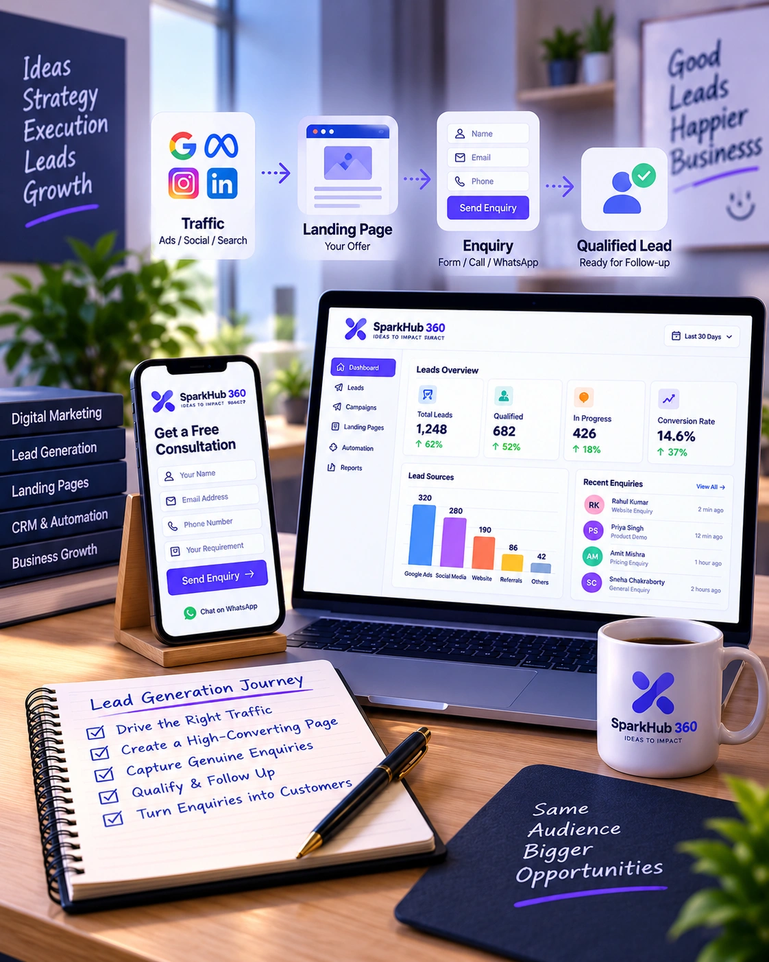 Business team reviewing the complete lead-generation system from traffic source and landing page to lead capture, qualification and follow-up.
