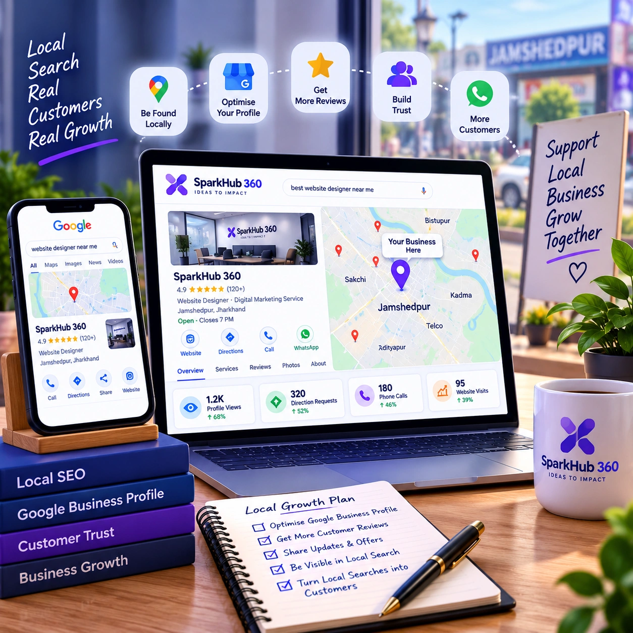 Local business owner and marketing specialist reviewing Google Business Profile visibility, reviews, calls, WhatsApp enquiries and nearby customer reach.