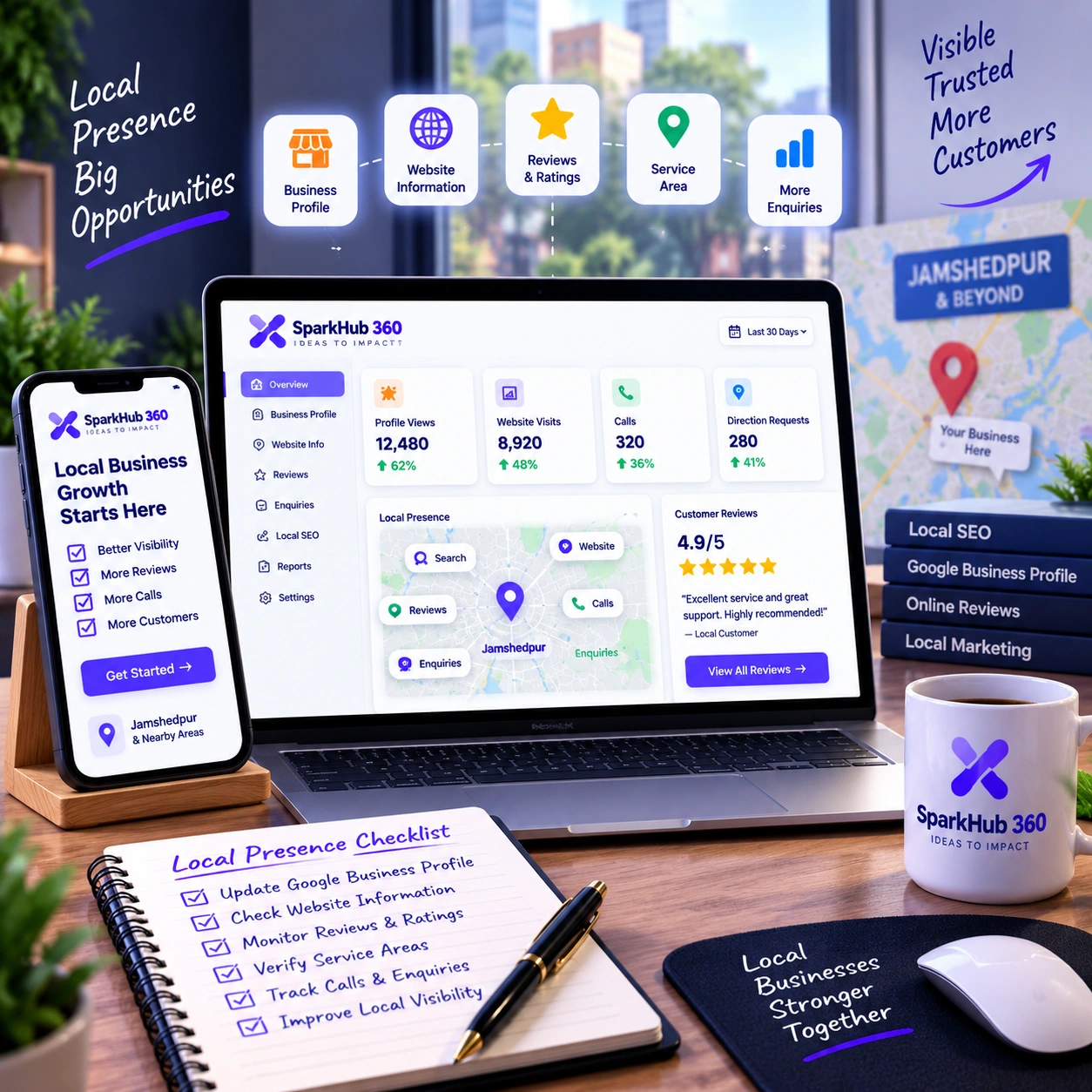 Marketing team managing a local business promotion workflow from profile review and trust building to local campaigns and enquiry tracking.