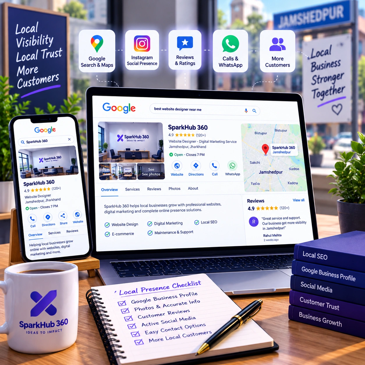 Local business promotion journey showing Google discovery, website, reviews, social profile, call and WhatsApp contact points.