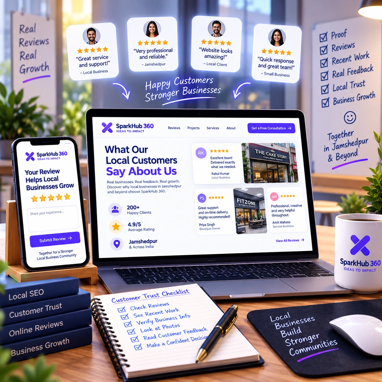 Local business owner reviewing customer reviews, recent business photos, responses and reputation signals with a marketing specialist.