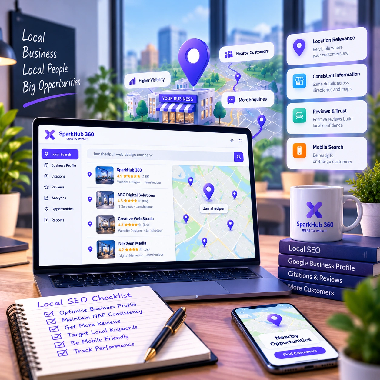 SEO consultant auditing a local business listing, map result, website location information and customer reviews.