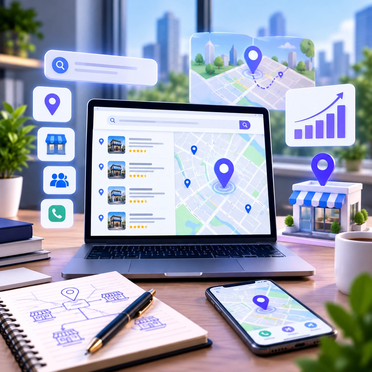 Local SEO specialist reviewing map visibility, business profile information and local search performance on a desktop screen.