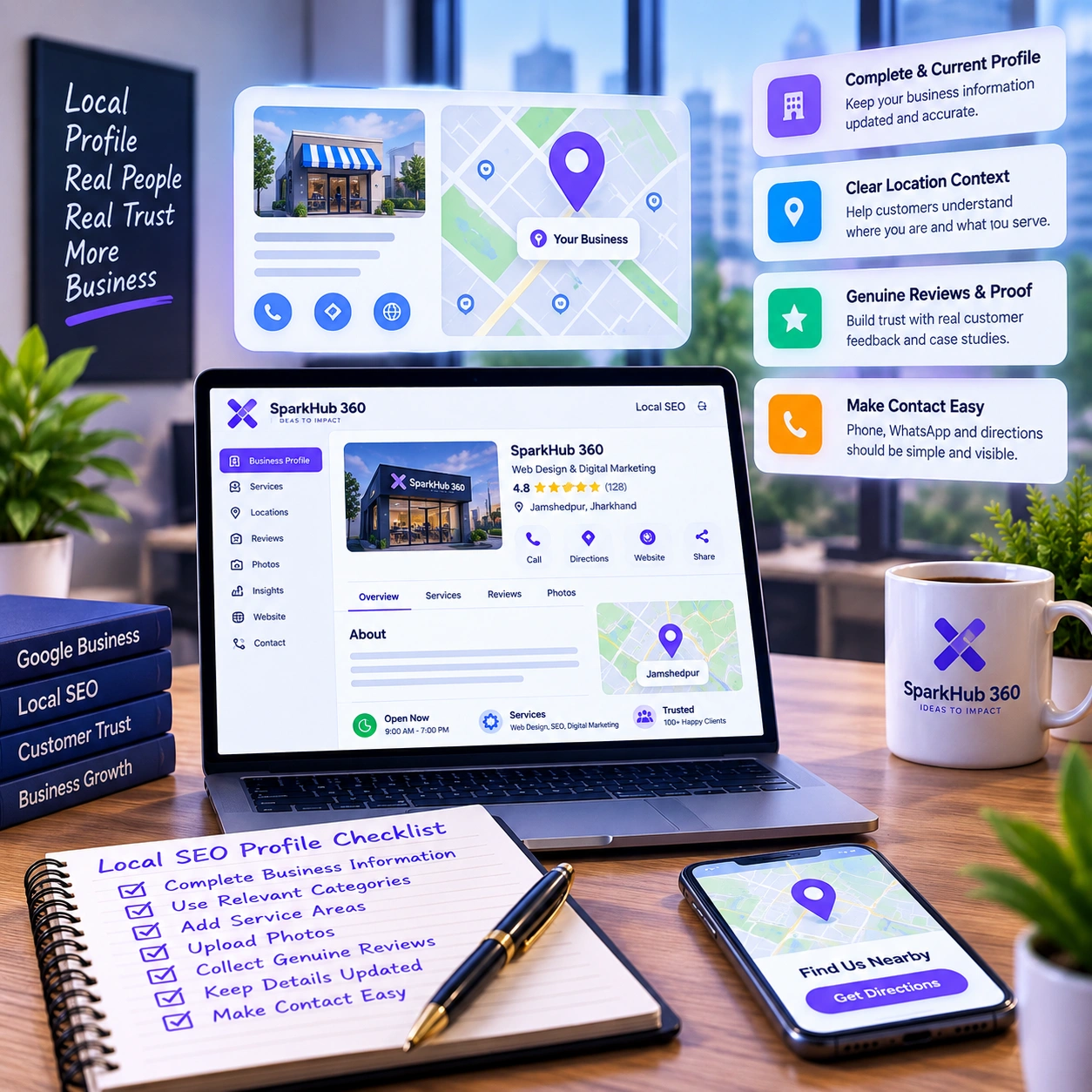 Local business owner and SEO specialist reviewing a business profile alongside the company website and map visibility.