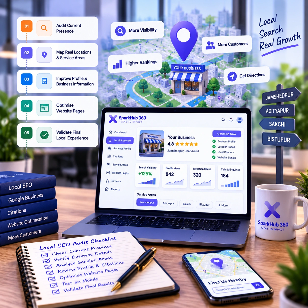 SEO team working through a local search audit, location mapping, business profile optimisation and website improvements.
