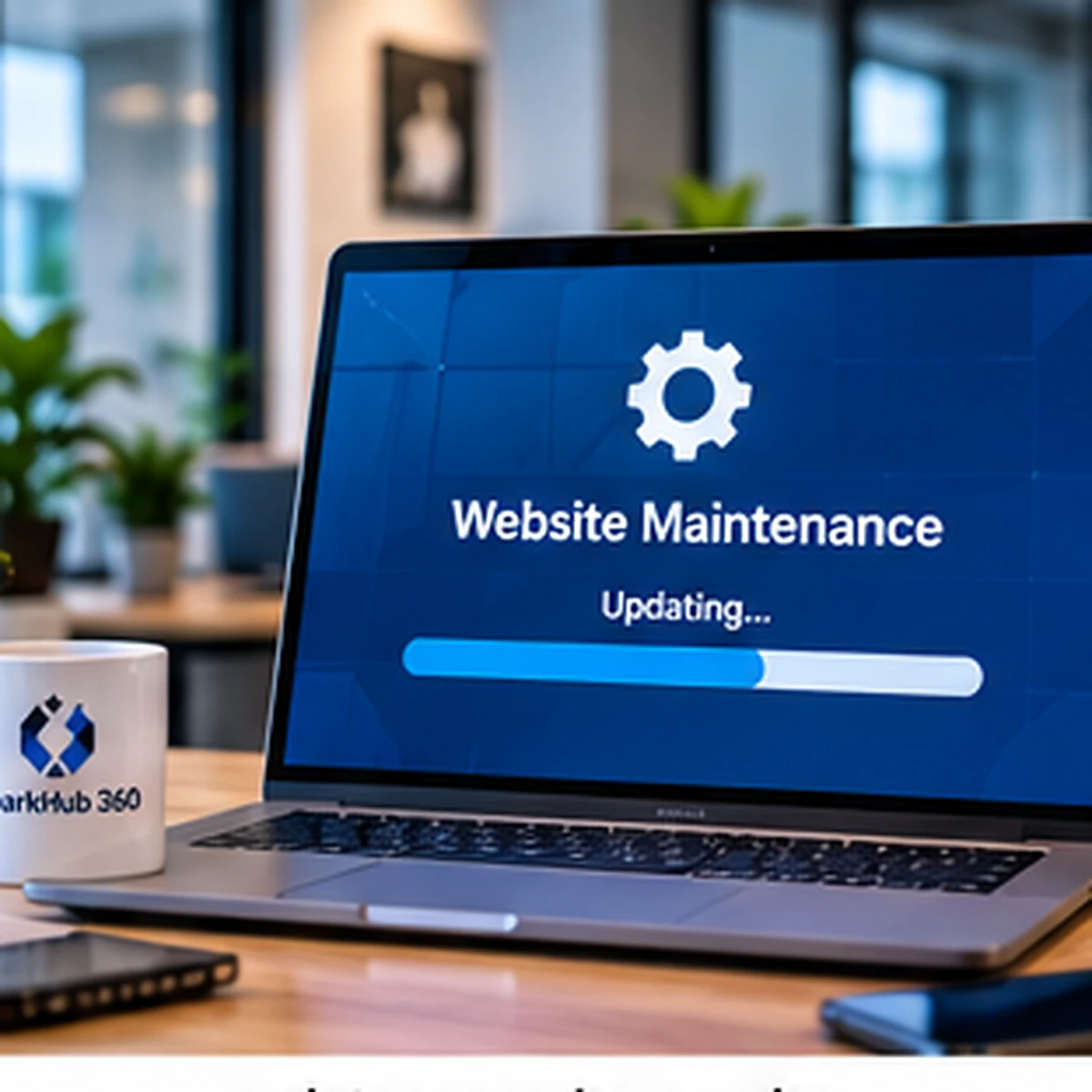 Developer maintaining a business website and checking updates, performance and technical issues on a large monitor.