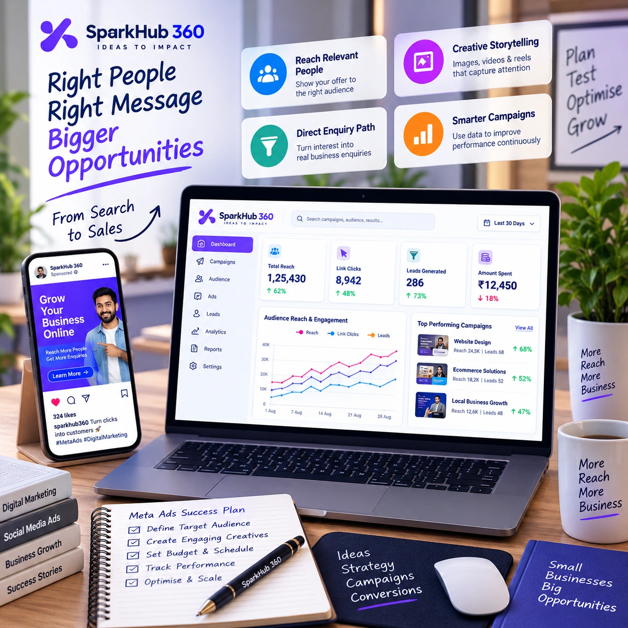 Marketing strategist reviewing Facebook and Instagram audience segments, campaign reach and lead opportunities.