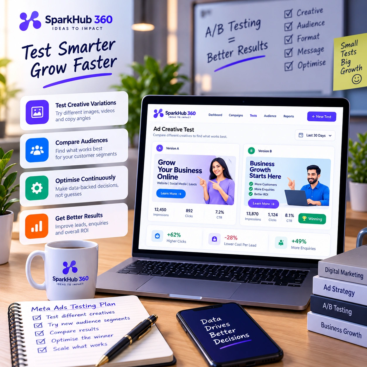 Paid social specialist comparing multiple advertising creatives, audience segments, lead forms and conversion performance.
