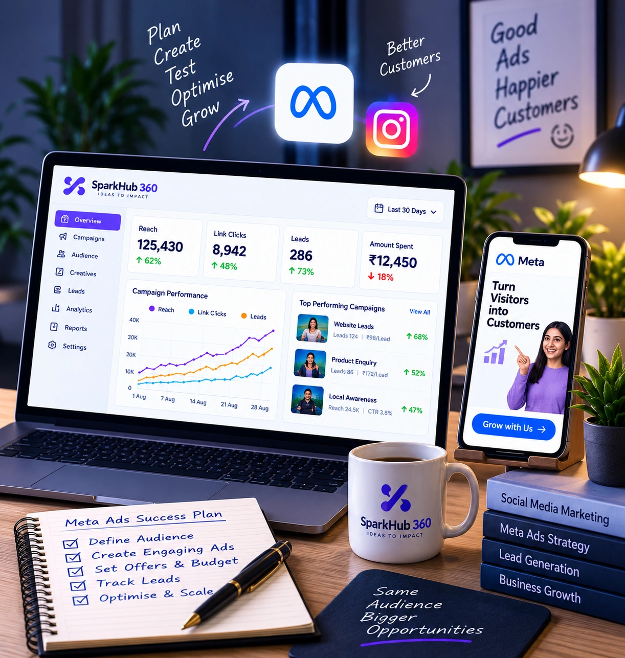 Business owner and paid social specialist reviewing Meta advertising leads, campaign creative and performance.