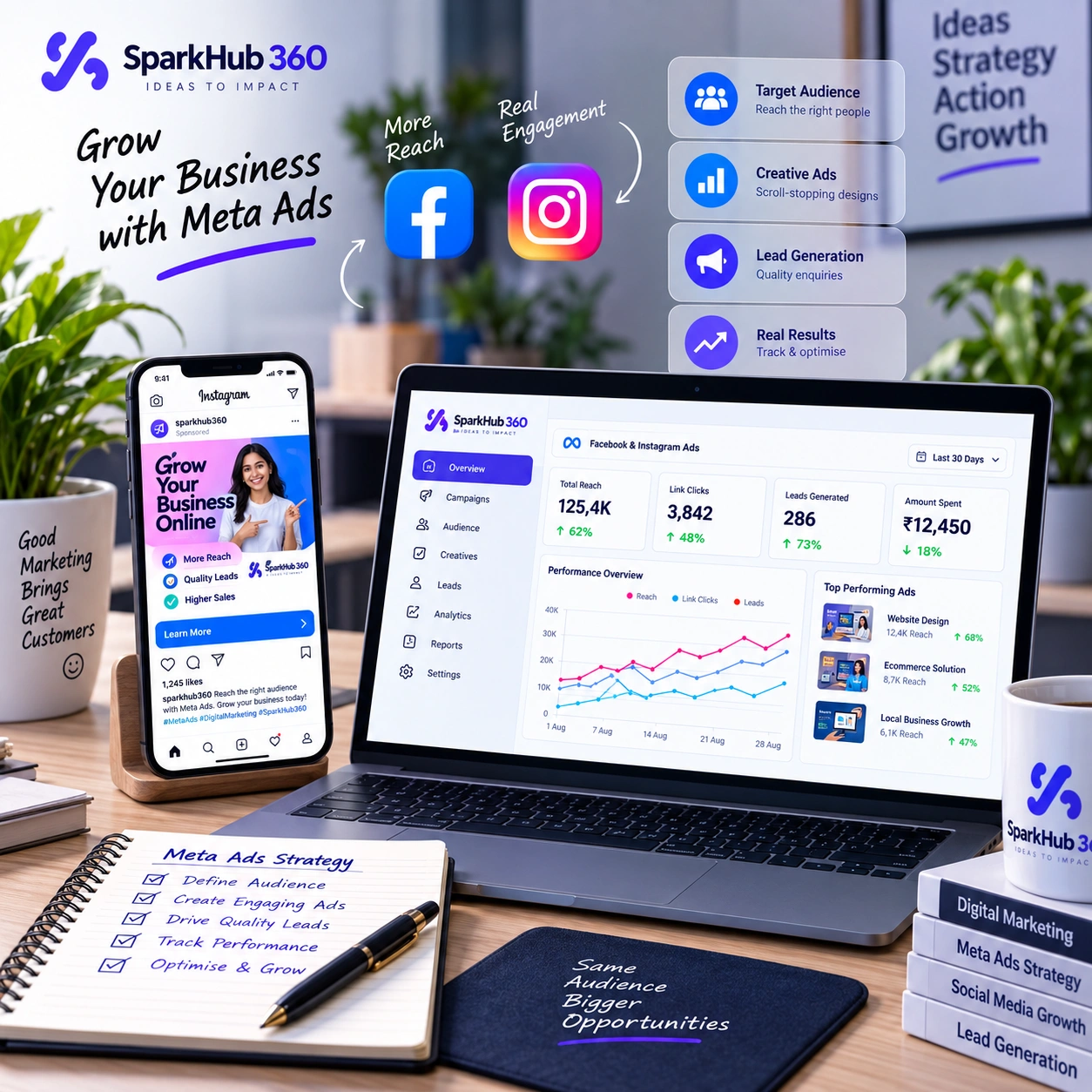 Digital advertising specialist reviewing Facebook and Instagram campaign creative, audience, budget and lead performance.