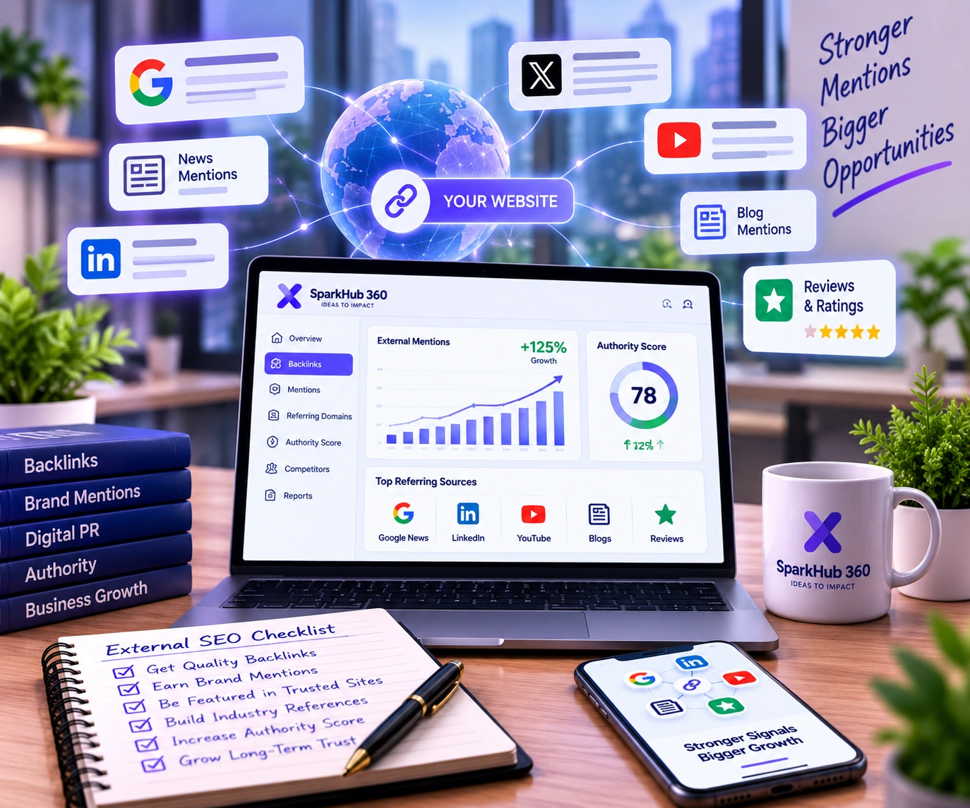 SEO team reviewing trusted external websites, relevant backlinks, mentions and domain authority signals.
