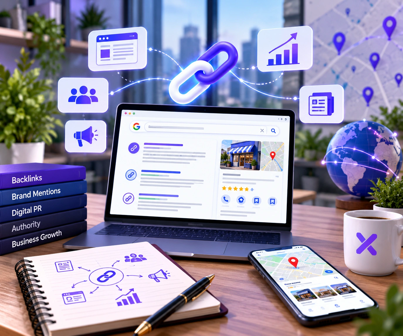 SEO specialist reviewing backlink authority, brand mentions and external website references on a desktop screen.