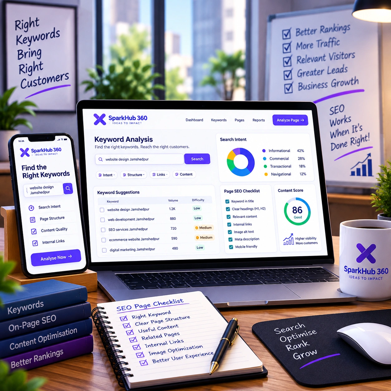 SEO team auditing a business web page for search intent, content structure, headings and internal linking.