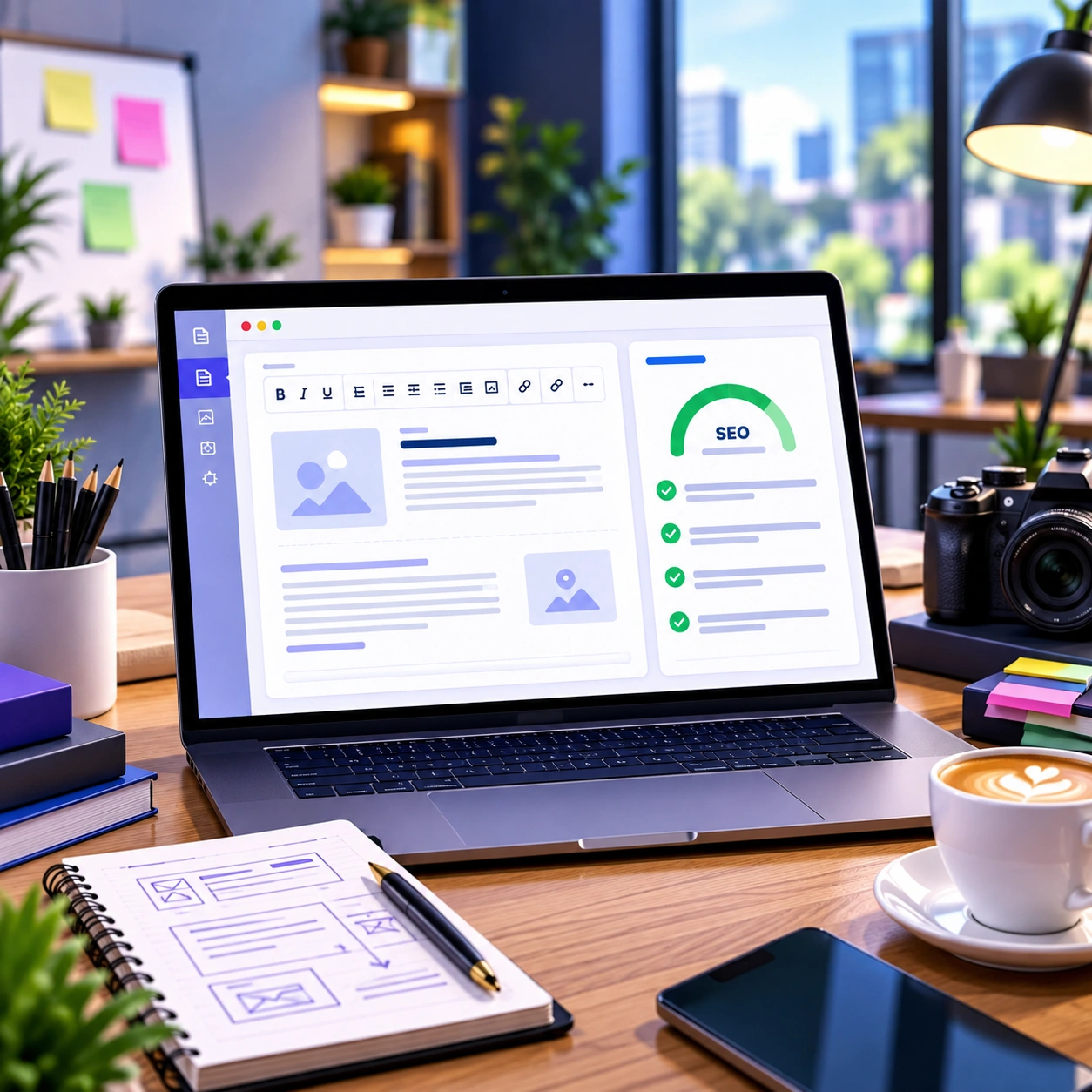 Content strategist and SEO specialist reviewing a structured business service page with headings, internal links and useful sections.