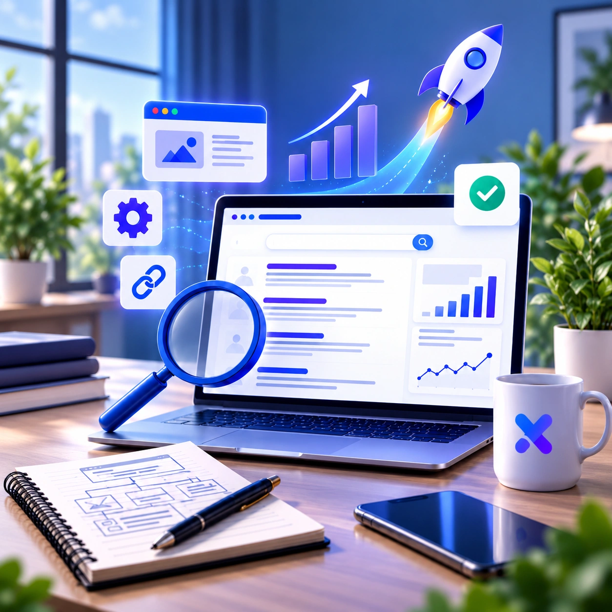 SEO specialist and business owner reviewing an optimised service page and search performance dashboard.