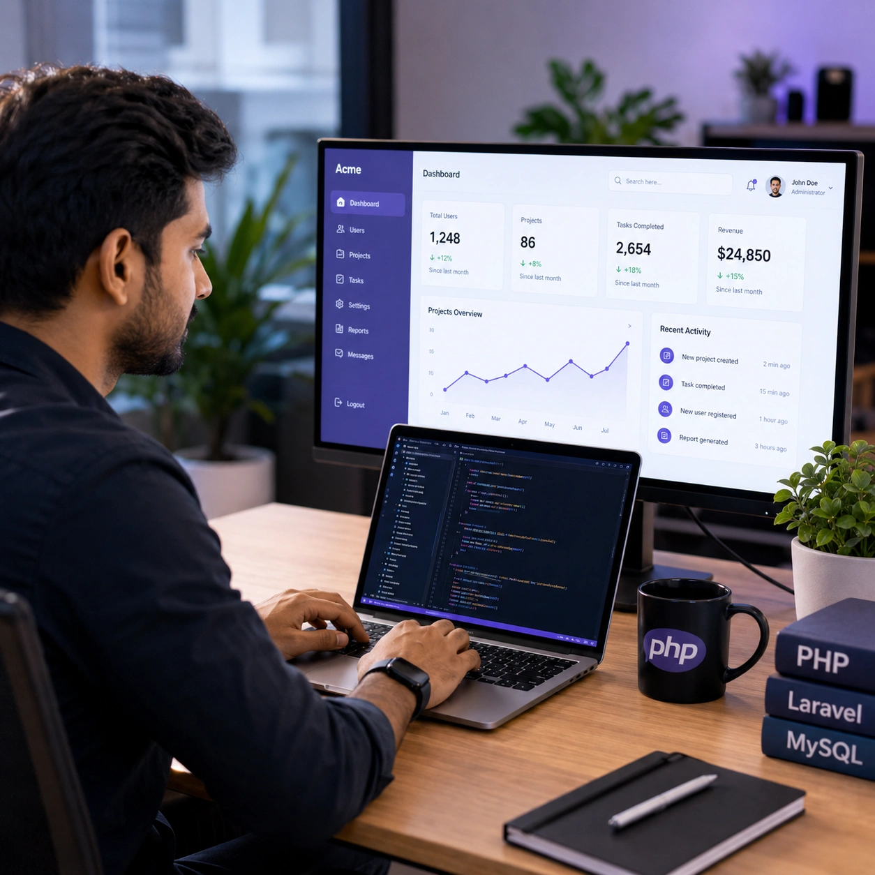 Business team reviewing a custom PHP web application before launch.