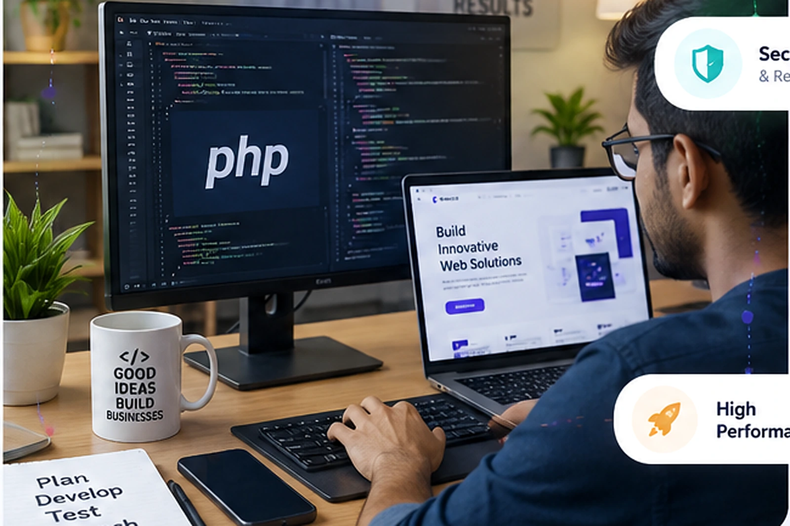 PHP developer working with application code and a custom business website in a modern office.