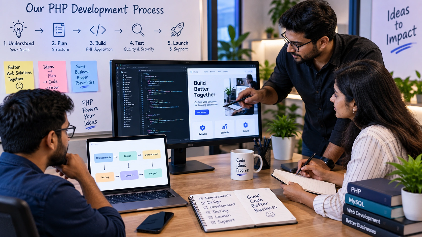 PHP development team planning application structure and reviewing a web project at a modern office desk.